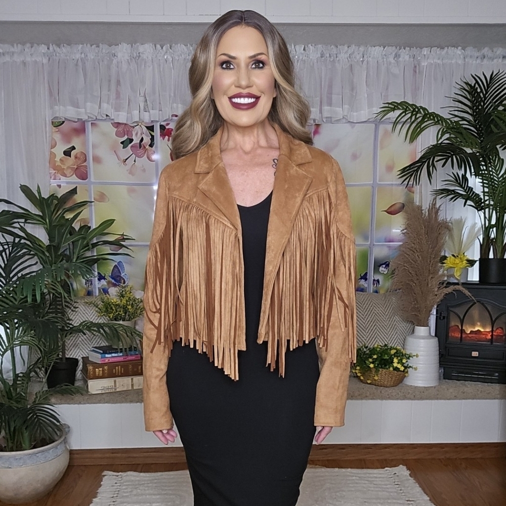 Faux Suade Fringe Jacket (Camel/Tan)